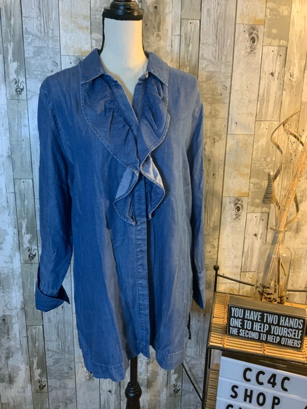 Chico's Blue Ruffle-Front Button Down Shirt